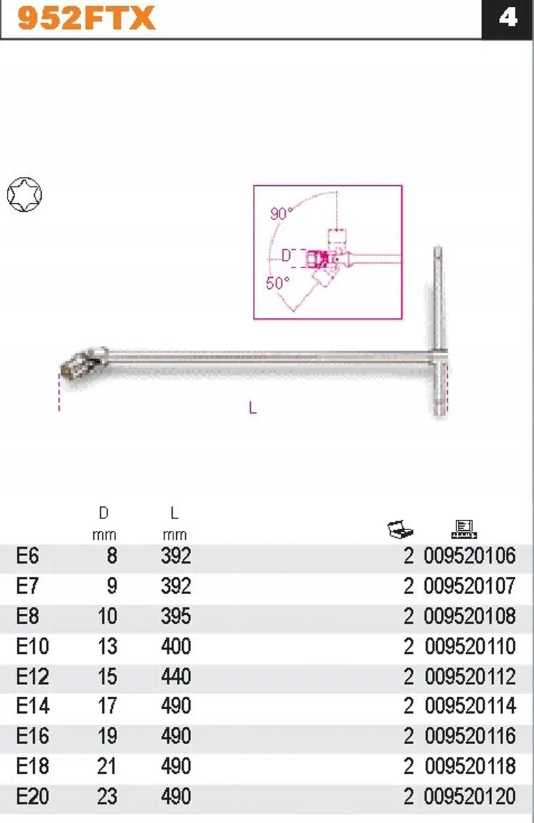 Beta Torx E14 Dopelkop-sleutel Cardan 490mm