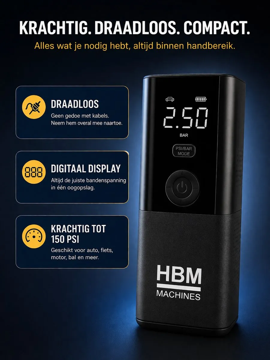 HBM JAW-001 Elektrische Fietspomp & Luchtcompressor 120W - Oplaadbaar