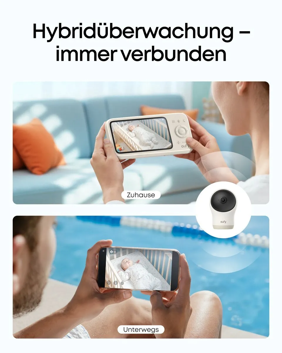 eufy Babyfoon C10 + Baby Monitor C10 Add-On Camera – 2K HD Camera – 4.5" Scherm – Pan & Tilt – Nachtzicht – Wi-Fi of Zonder Wi-Fi – 12 Uur Batterij – Beweging, Huilen & Geluid Detectie – Temperatuur Alarm – 2-weg Praten – VOX