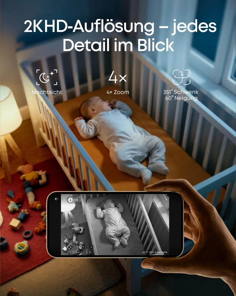 eufy Babyfoon C10 + Baby Monitor C10 Add-On Camera – 2K HD Camera – 4.5" Scherm – Pan & Tilt – Nachtzicht – Wi-Fi of Zonder Wi-Fi – 12 Uur Batterij – Beweging, Huilen & Geluid Detectie – Temperatuur Alarm – 2-weg Praten – VOX