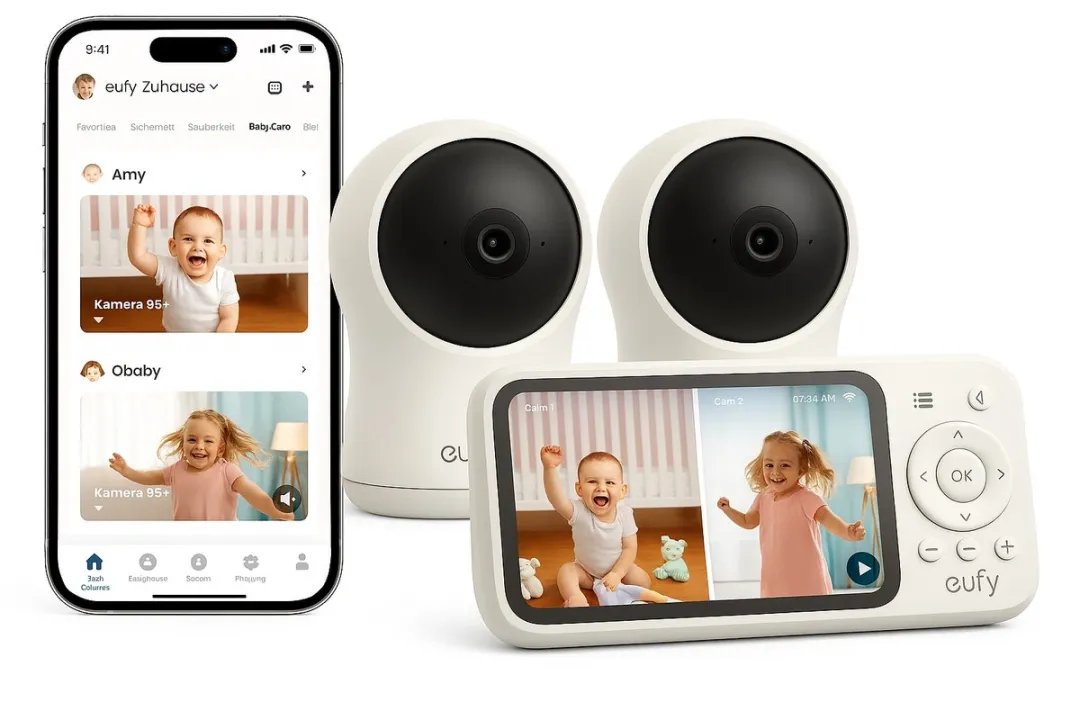 eufy Babyfoon C10 + Baby Monitor C10 Add-On Camera – 2K HD Camera – 4.5" Scherm – Pan & Tilt – Nachtzicht – Wi-Fi of Zonder Wi-Fi – 12 Uur Batterij – Beweging, Huilen & Geluid Detectie – Temperatuur Alarm – 2-weg Praten – VOX