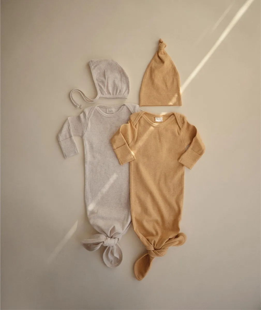 Mushie Baby Gown Ribbed Knotted - 0-3M - Mustard Melange