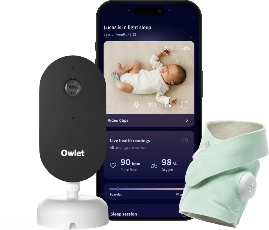Owlet Dream Duo: Dream Sight™ Camera & Dream sock™ – Medische Baby Monitor met 2K HD Camera en Gezondheidsmeting – Hartslag, Zuurstof & Temperatuur – Munt