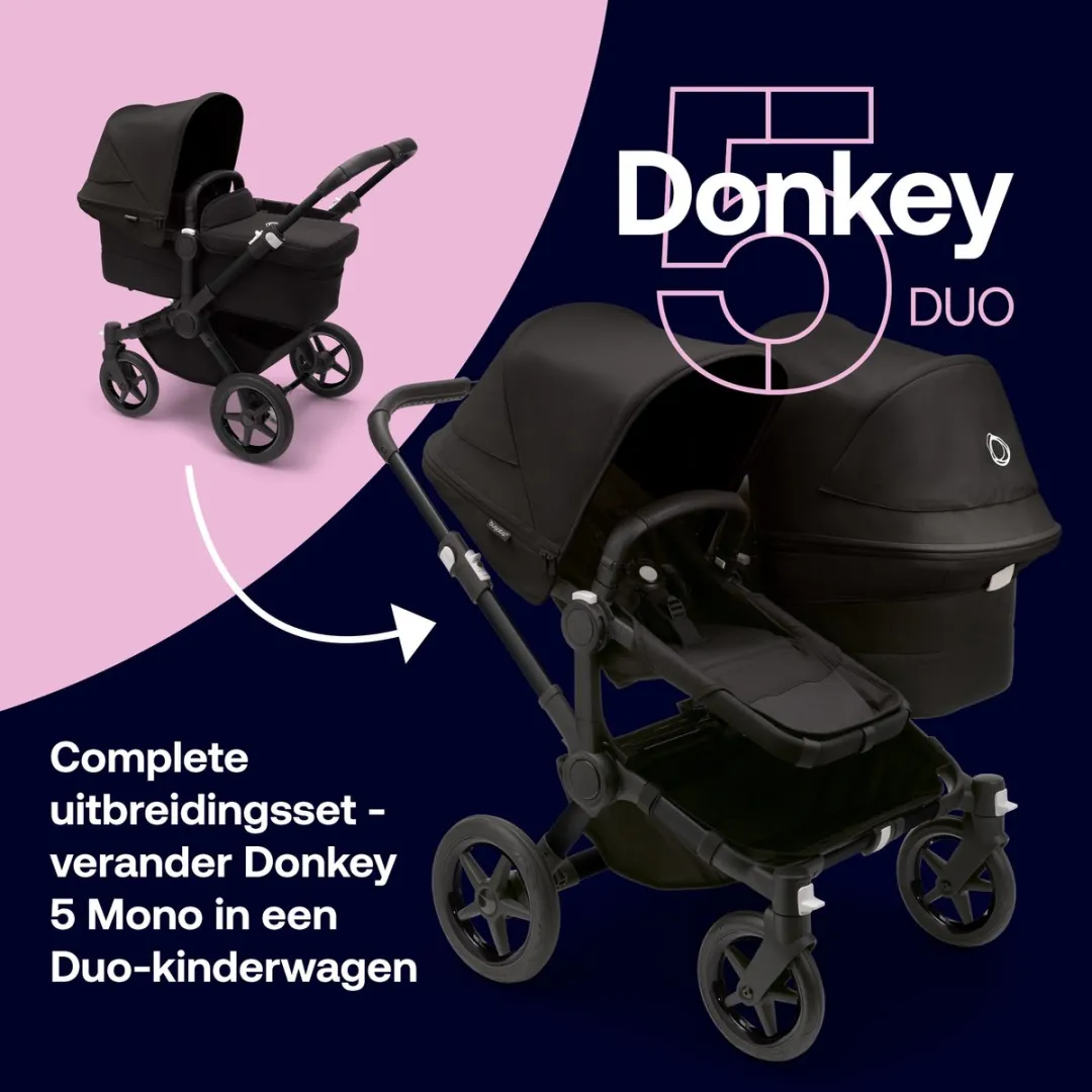Bugaboo Donkey 5 Duo, complete uitbreidingsset, verbeterd design, omkeerbare stoel en sturen met één hand, Midnight Black