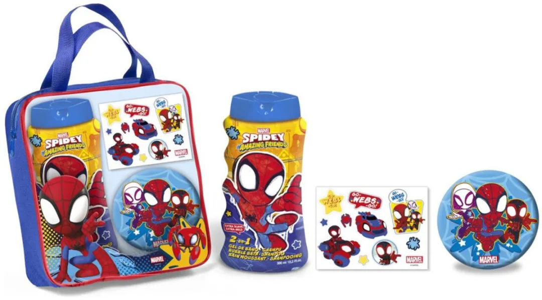 Marvel Spider-Man Cadeauset - Douchegel 300ml + Tattoovel + Spons + Tas - Rood/Blauw