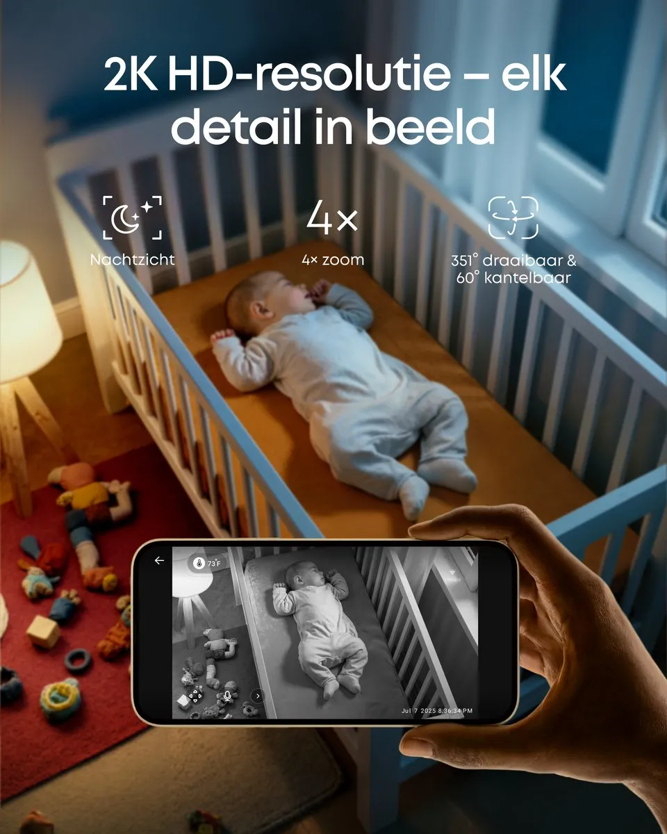 eufy Baby Monitor C10 Add-On Camera - 2K HD Resolutie - 4× Zoom - 351° Panoramisch en 60° Kanteling - Nachtzicht, Beweging / Huilen / Geluid / Temperatuursveranderingen, 2-Weg Communicatie, VOX, Witte Ruis