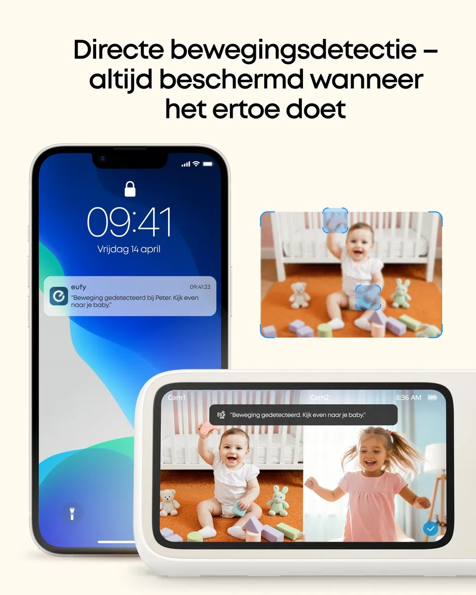 eufy Baby Monitor C10 Add-On Camera - 2K HD Resolutie - 4× Zoom - 351° Panoramisch en 60° Kanteling - Nachtzicht, Beweging / Huilen / Geluid / Temperatuursveranderingen, 2-Weg Communicatie, VOX, Witte Ruis