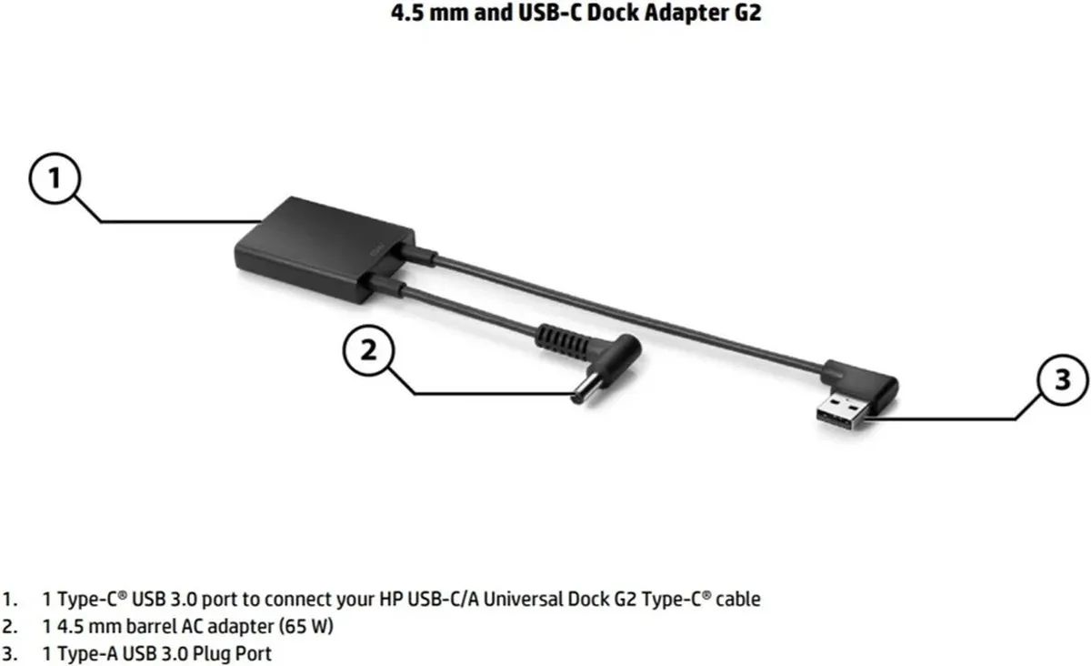 HP 4.5mm en USB-C Dock Adapter G2 - Zwart