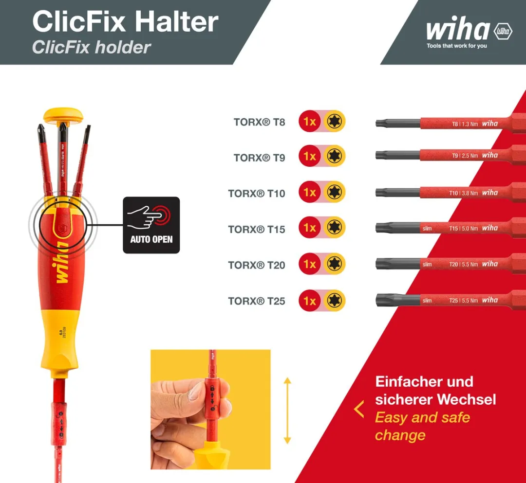 Wiha LiftUp electric TORX Schroevendraaier - 6 Bitmagazijn T8-T25 - Rood/Geel