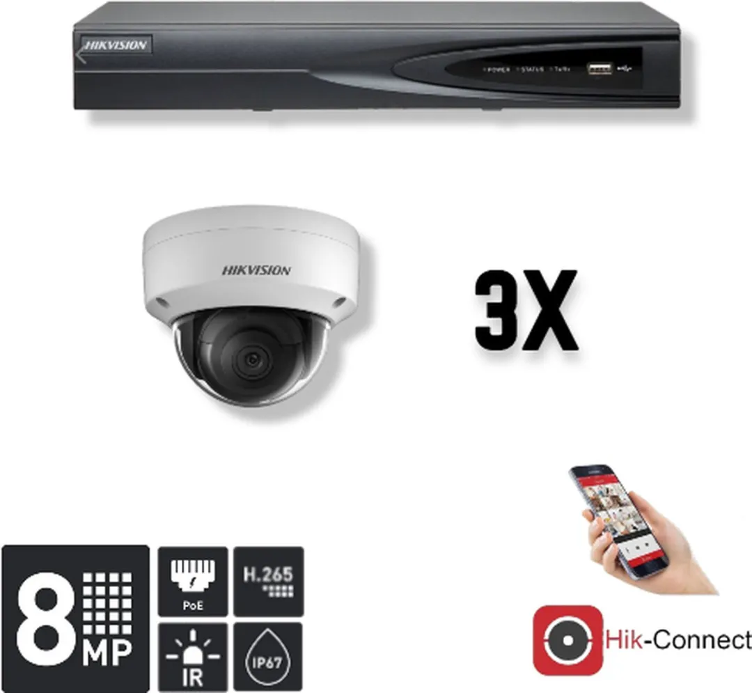 Hikvision 4K Ultra HD IP Acusense Set 3x Dome - 8MP - 2.8mm - Wit