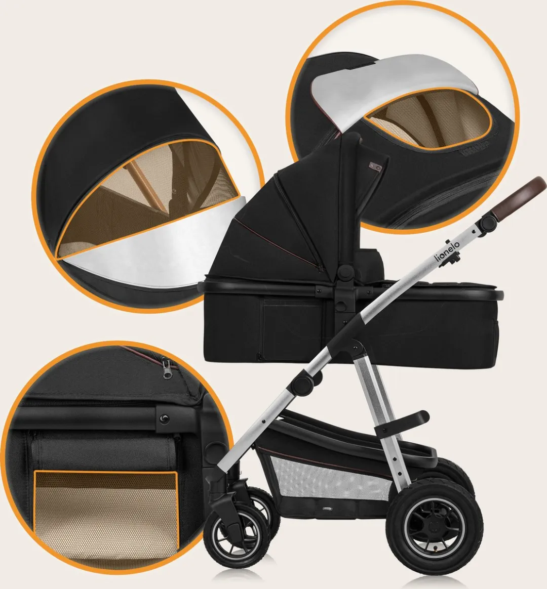 Lionelo Amber 2-in-1 Kinderwagen - Combi met Reiswieg - All-terrain - Zwart/Zilver