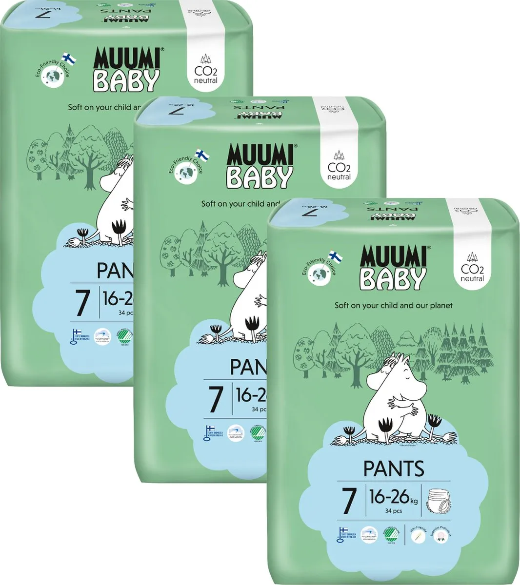 Muumi Baby Eco Luierbroekjes - Maat 7 - 102 Stuks - 16-26 kg - Hypoallergeen - Gevoelige Huid - Parfumvrij