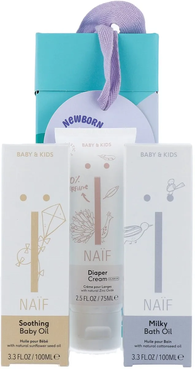 Naïf Newborn Essentials Geschenkset - Babyolie, Badolie & Zinkcrème - Groen