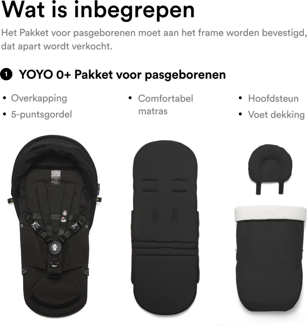 Stokke YOYO 0+ Newborn Pack, Zwart - Inclusief matras, uitschuifbare luifel en vijfpuntsgordel - Vereist YOYO-frame (apart verkrijgbaar)