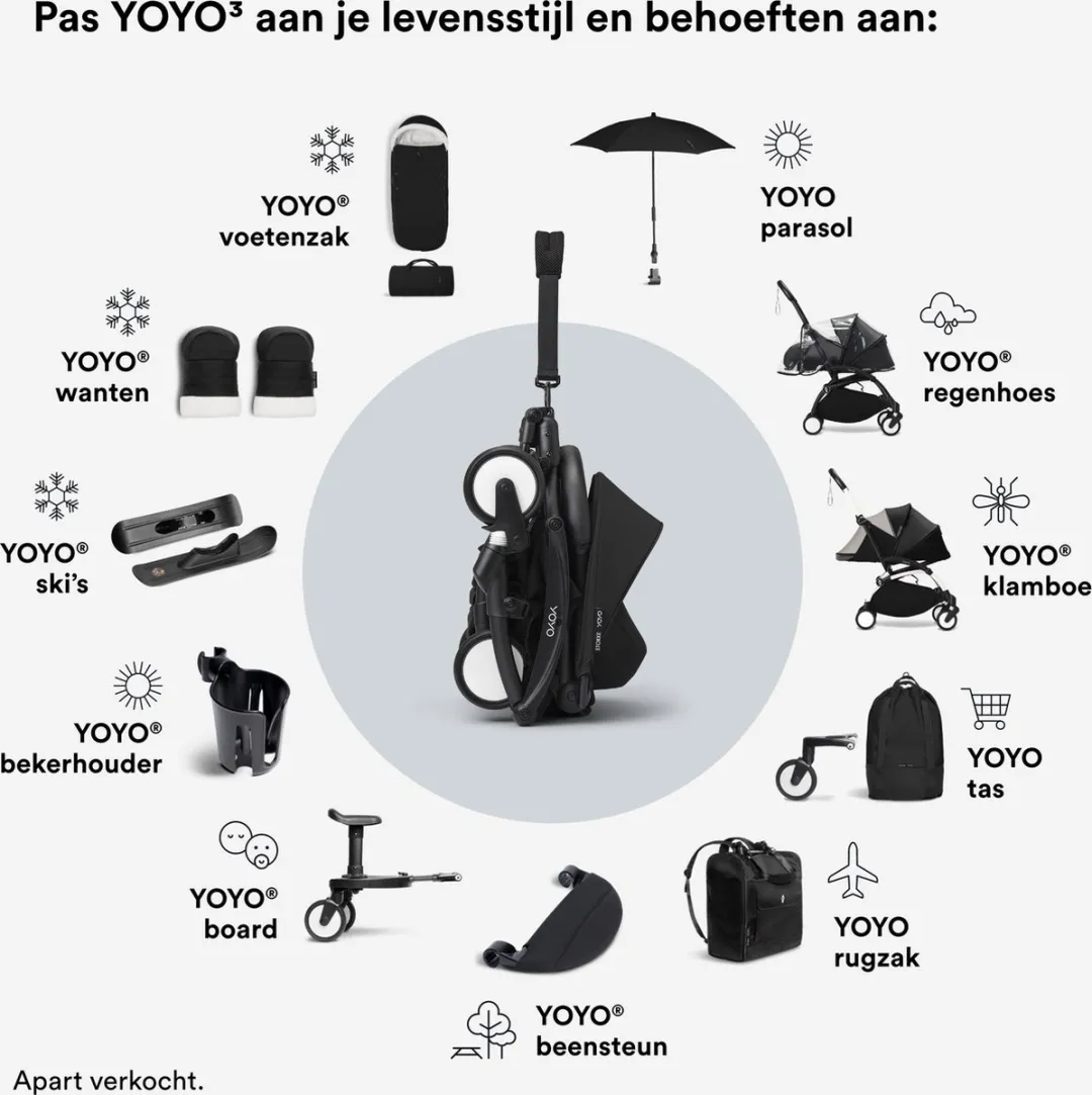 Stokke YOYO 0+ Newborn Pack, Zwart - Inclusief matras, uitschuifbare luifel en vijfpuntsgordel - Vereist YOYO-frame (apart verkrijgbaar)