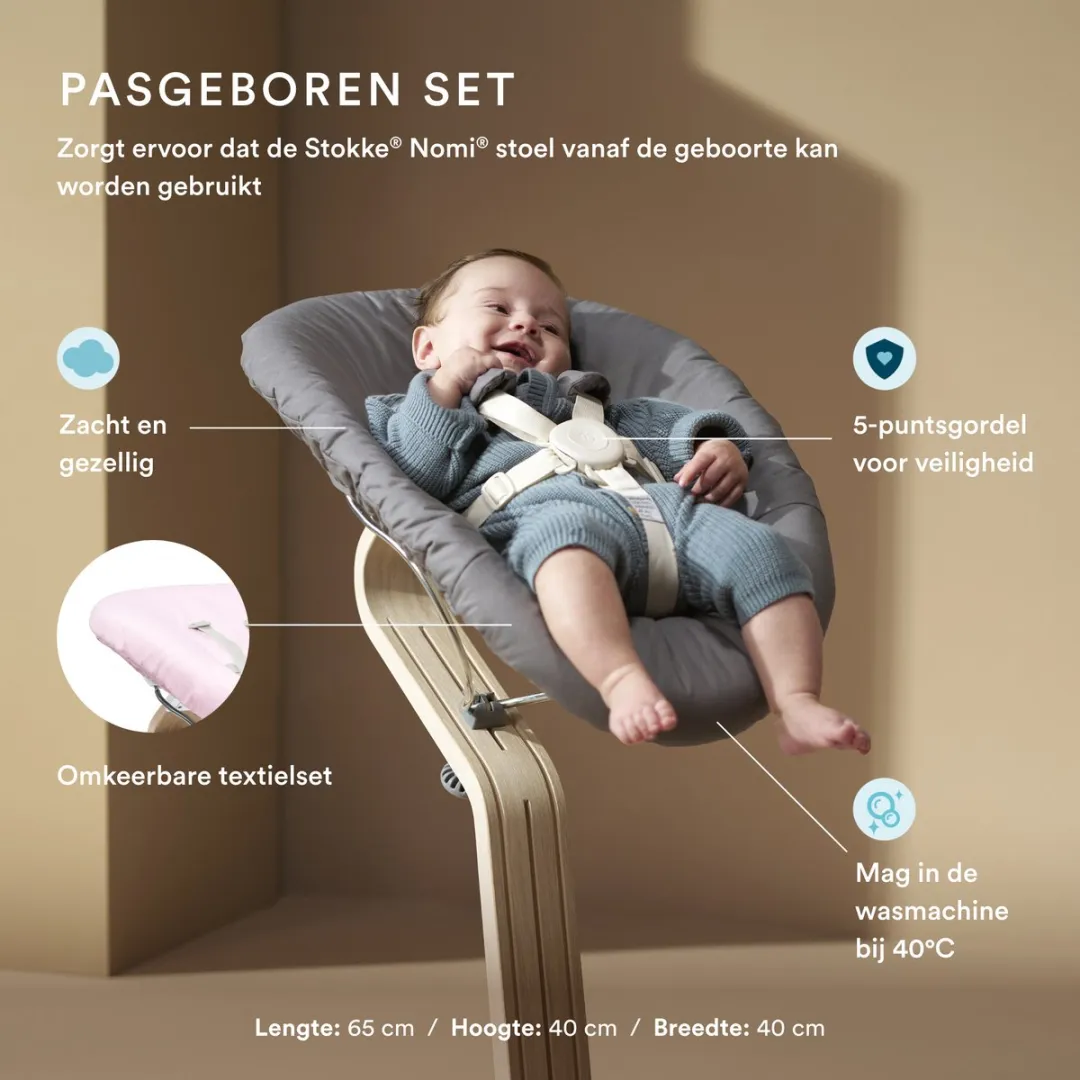 Stokke Nomi Stoel met Newborn Set - 150 kg - Wit/Grijs-Roze