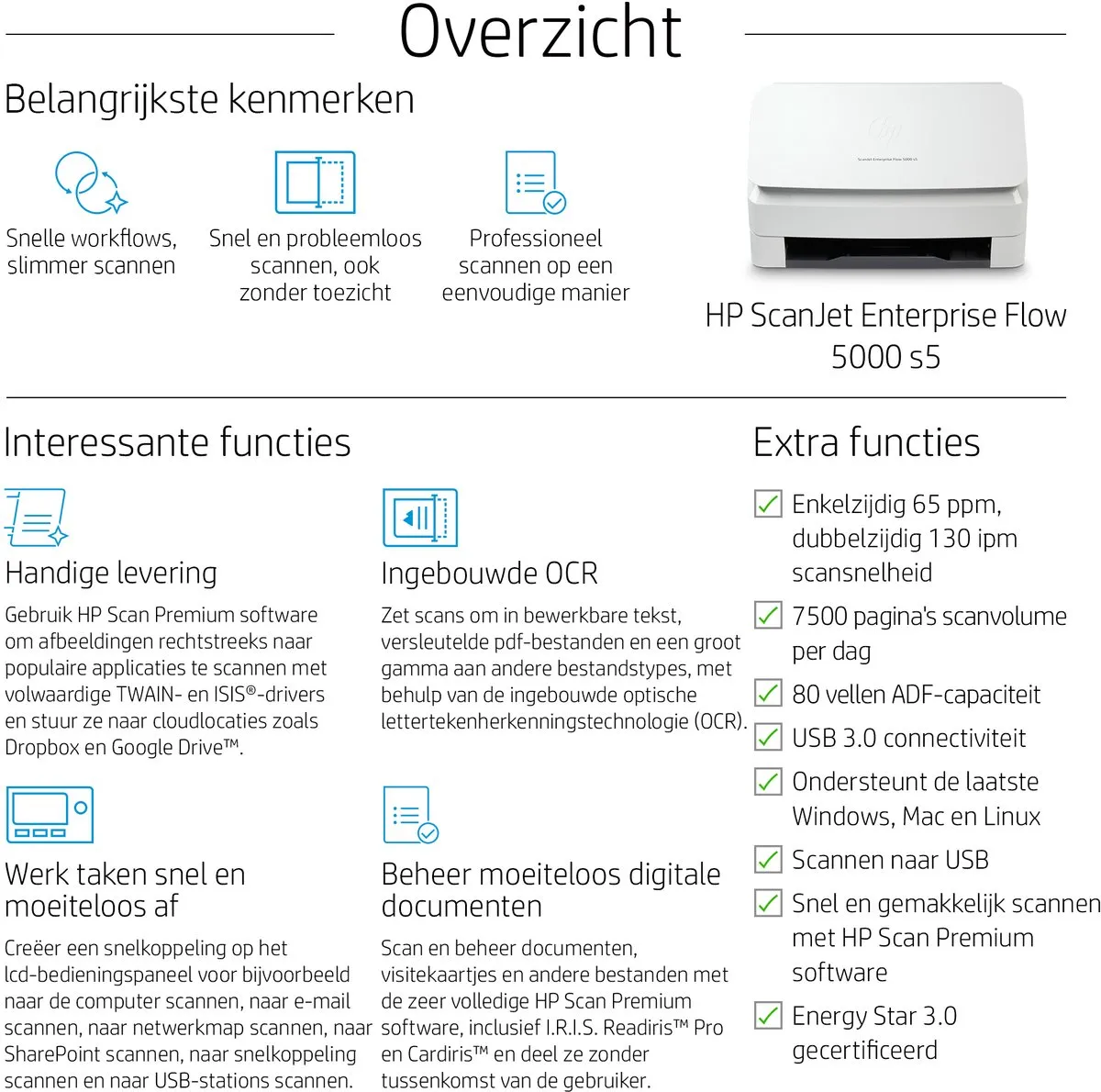 HP ScanJet Enterprise Flow 5000 s5 6FW09A Paginascanner - Wit