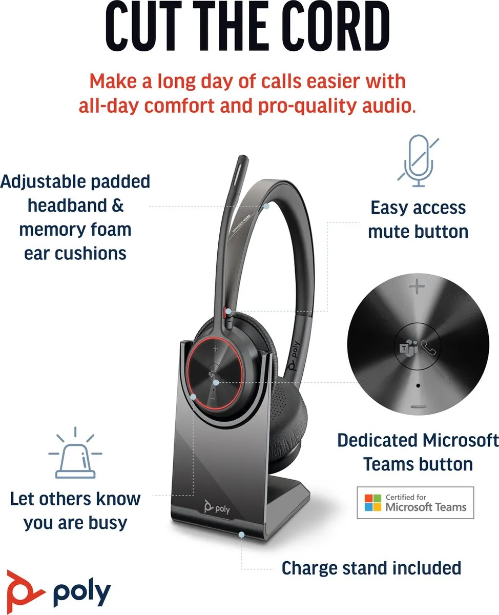 Poly Voyager 4320 UC USB-A Headset met Laadstandaard - afbeelding 6 van 7