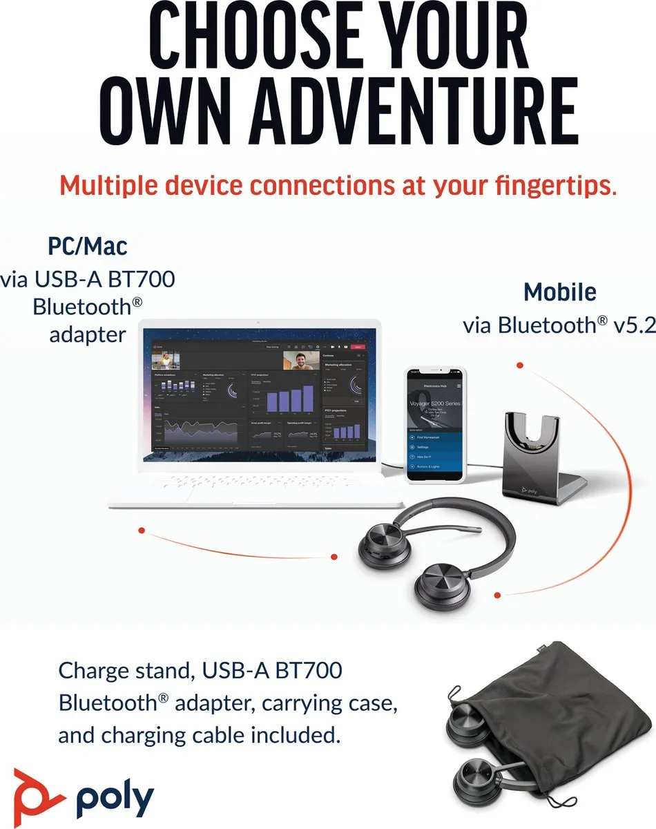 HP Poly Voyager 4320 UC Stereo On Ear headset Computer Bluetooth Stereo Zwart Noise Cancelling Volumeregeling, Incl. op