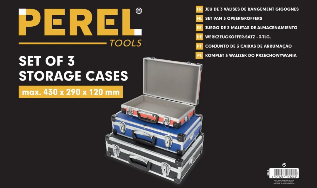 Perel Set 3 Aluminium Gereedschapskoffers 1826-3 - Max 430x290x120mm - Zwart/Blauw/Rood/Grijs