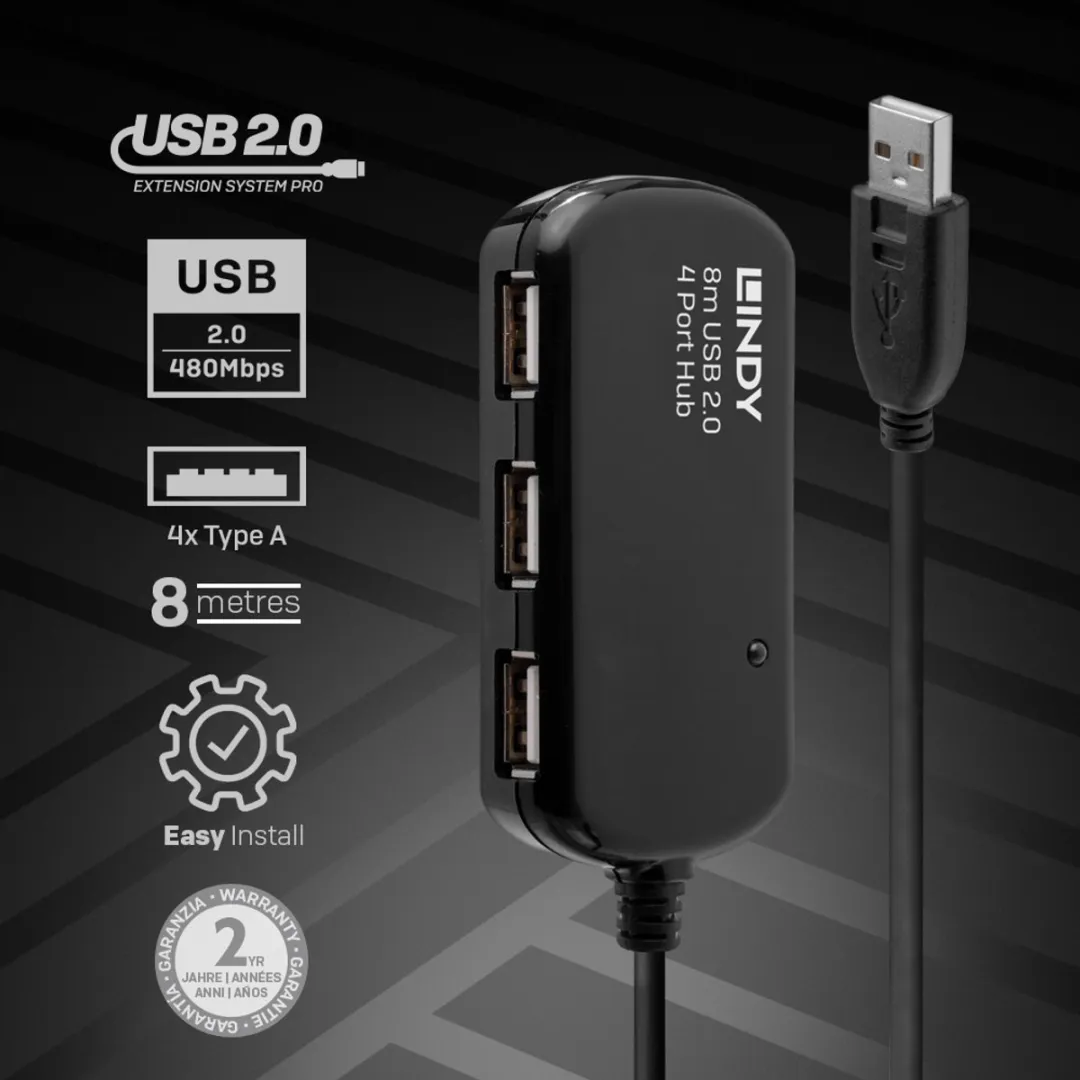 Lindy USB 2.0 42781 Activ Hub - 8m - Zwart