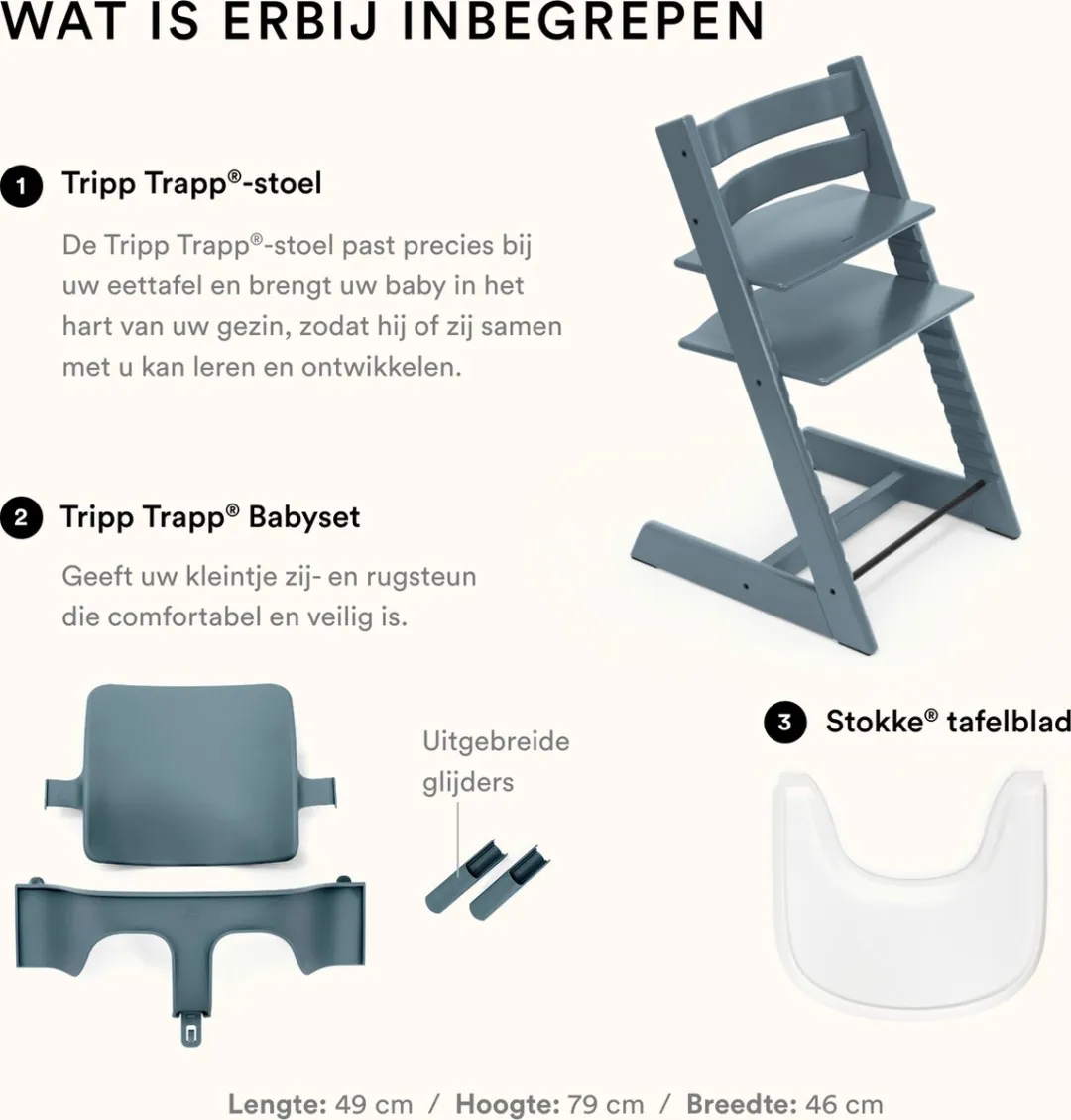 Stokke Tripp Trapp Kinderstoel Fjordblauw - Babyset 2 + Dienblad Wit