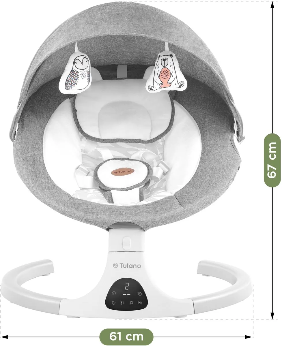Tulano Astrid 35 Elektrische Babywipstoel met Muziek, Bluetooth, Timer, Bewegingssensor en Afstandsbediening – Inclusief Kussen, Speeltjes, Kap en Klamboe – Grijs/Wit
