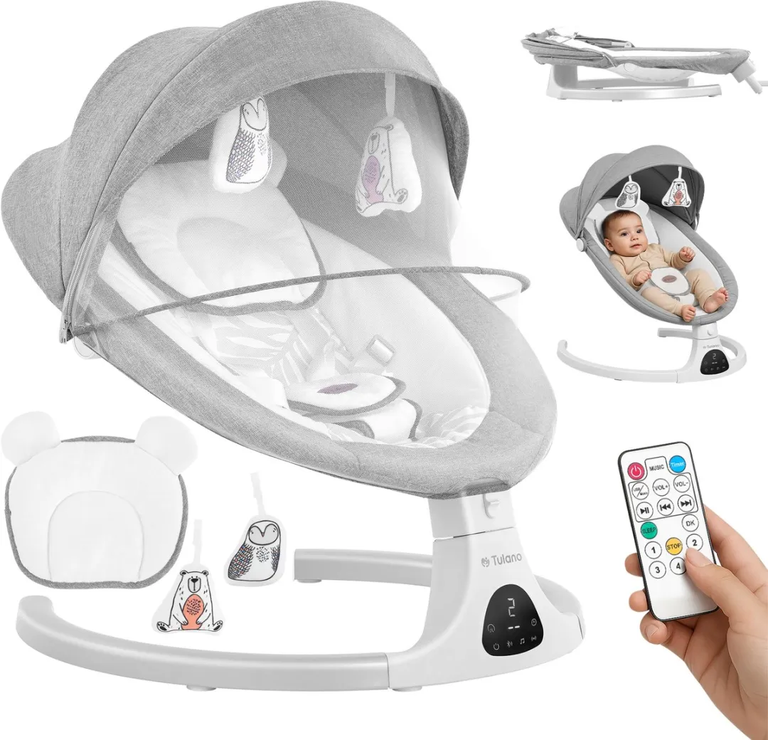 Tulano Astrid 35 Elektrische Babywipstoel met Muziek, Bluetooth, Timer, Bewegingssensor en Afstandsbediening – Inclusief Kussen, Speeltjes, Kap en Klamboe – Grijs/Wit