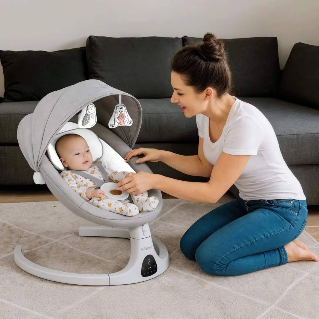 Tulano Astrid 35 Elektrische Babywipstoel met Muziek, Bluetooth, Timer, Bewegingssensor en Afstandsbediening – Inclusief Kussen, Speeltjes, Kap en Klamboe – Grijs/Wit