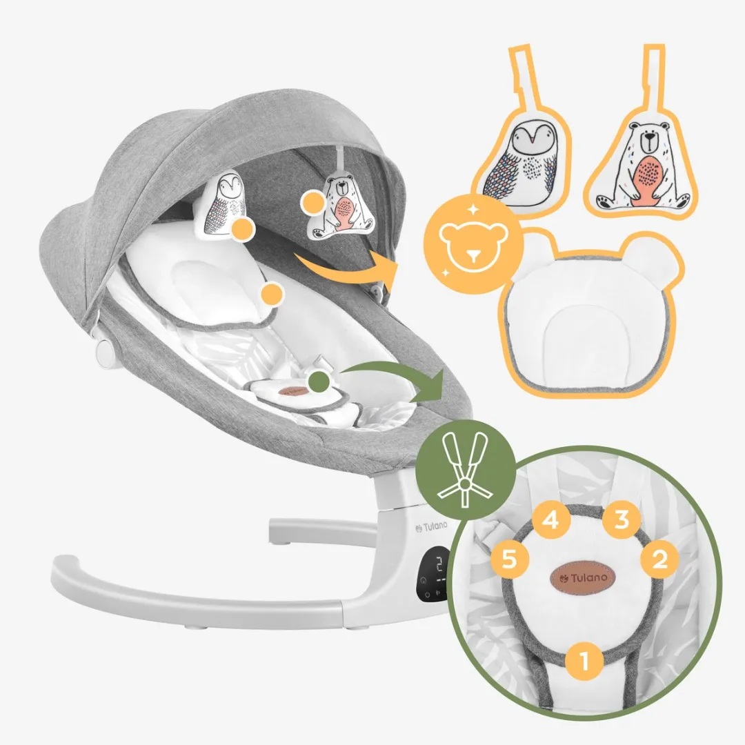 Tulano Astrid 35 Elektrische Babywipstoel met Muziek, Bluetooth, Timer, Bewegingssensor en Afstandsbediening – Inclusief Kussen, Speeltjes, Kap en Klamboe – Grijs/Wit