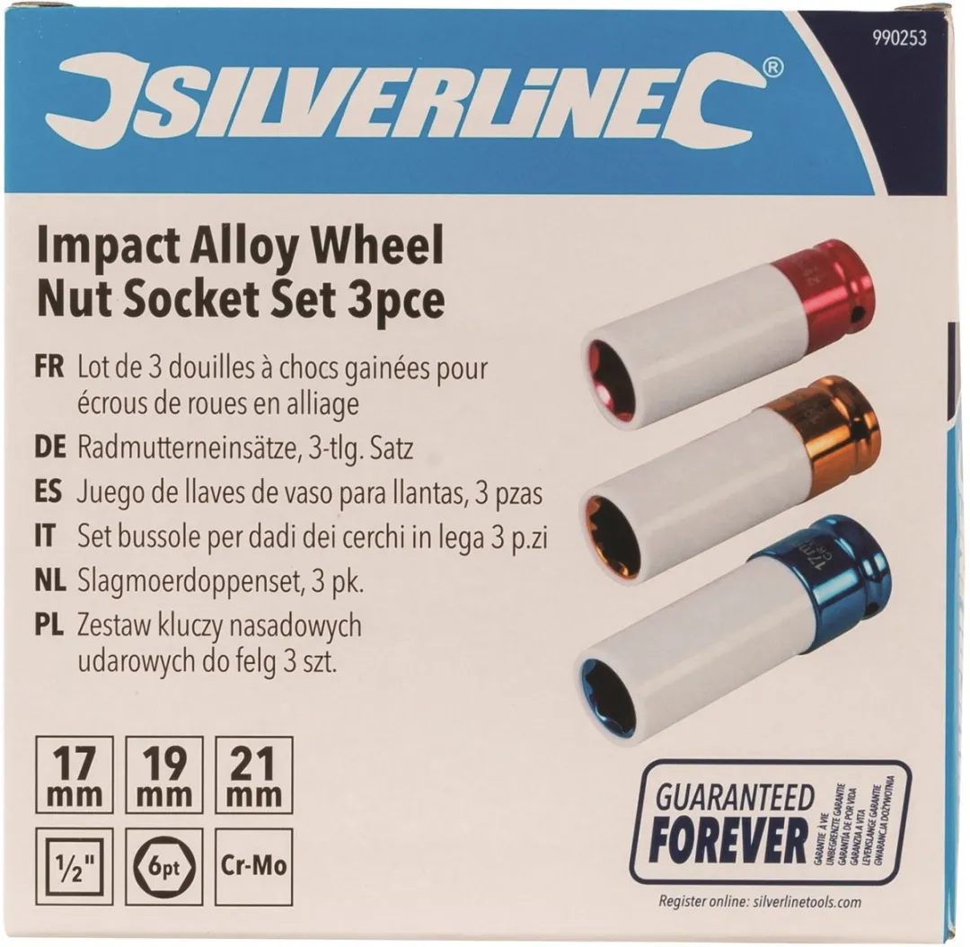 Silverline Slagmoerdoppenset 17/19/21mm - 3-delig - Rood/Geel/Blauw