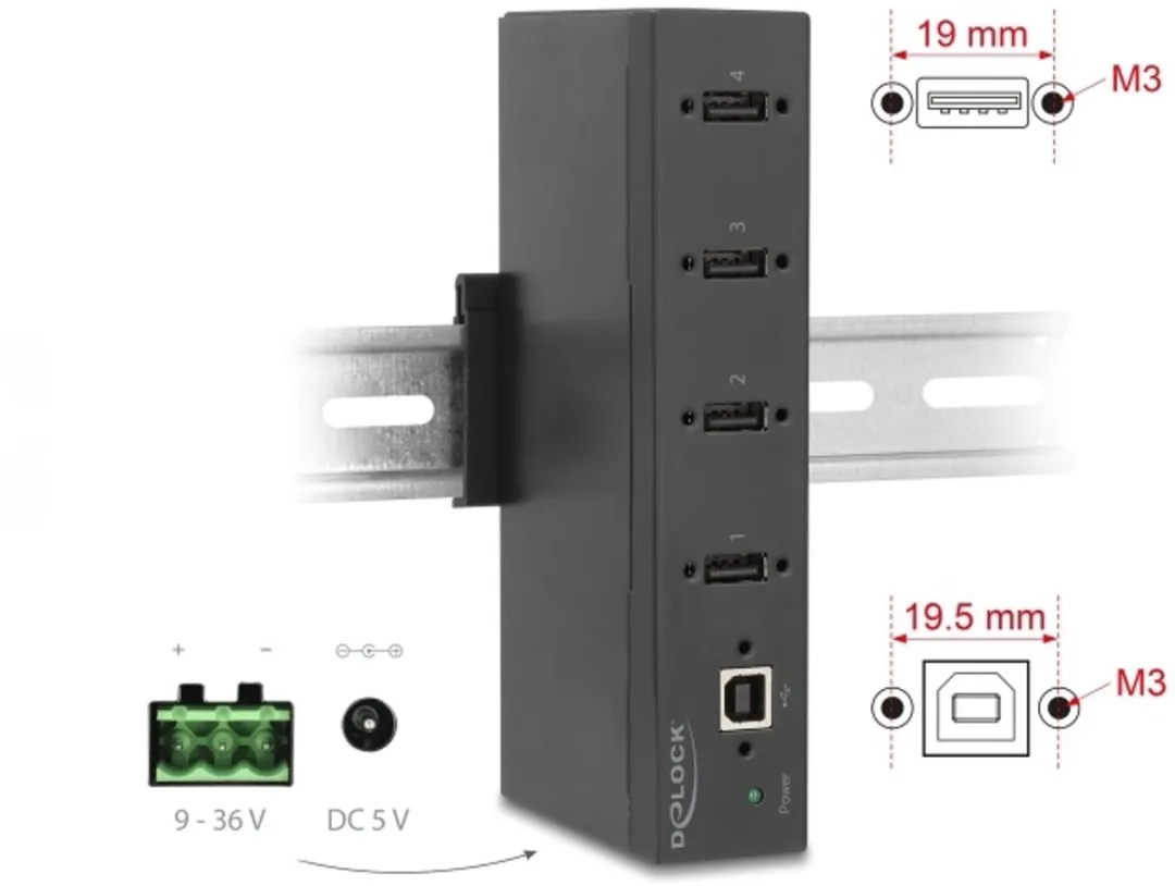 Delock Industry Hub 60686 USB 2.0 - 4x Type-A - 15kV ESD - DIN-rail