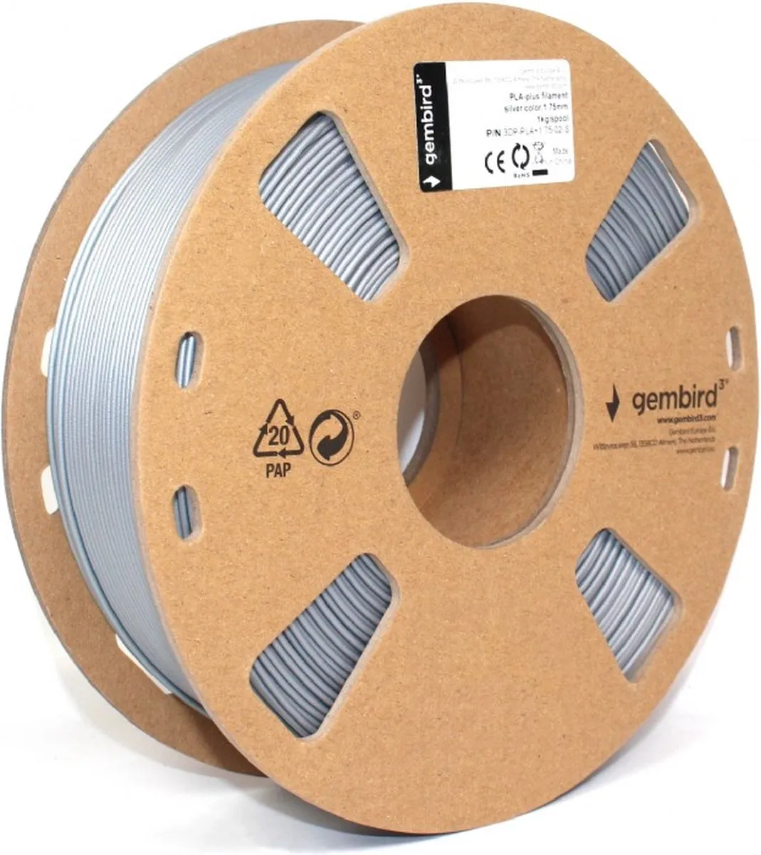 Gembird PLA PLUS 1.75mm Filament - Zilver 1kg
