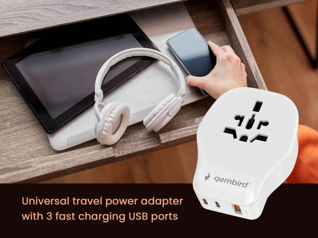 Gembird Universele Reisadapter 20W - Wit - Dual USB - afbeelding 6 van 6