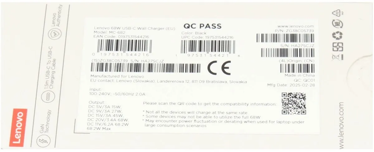 Lenovo ZG8C05739 USB-C GaN Oplader 68W - Zwart