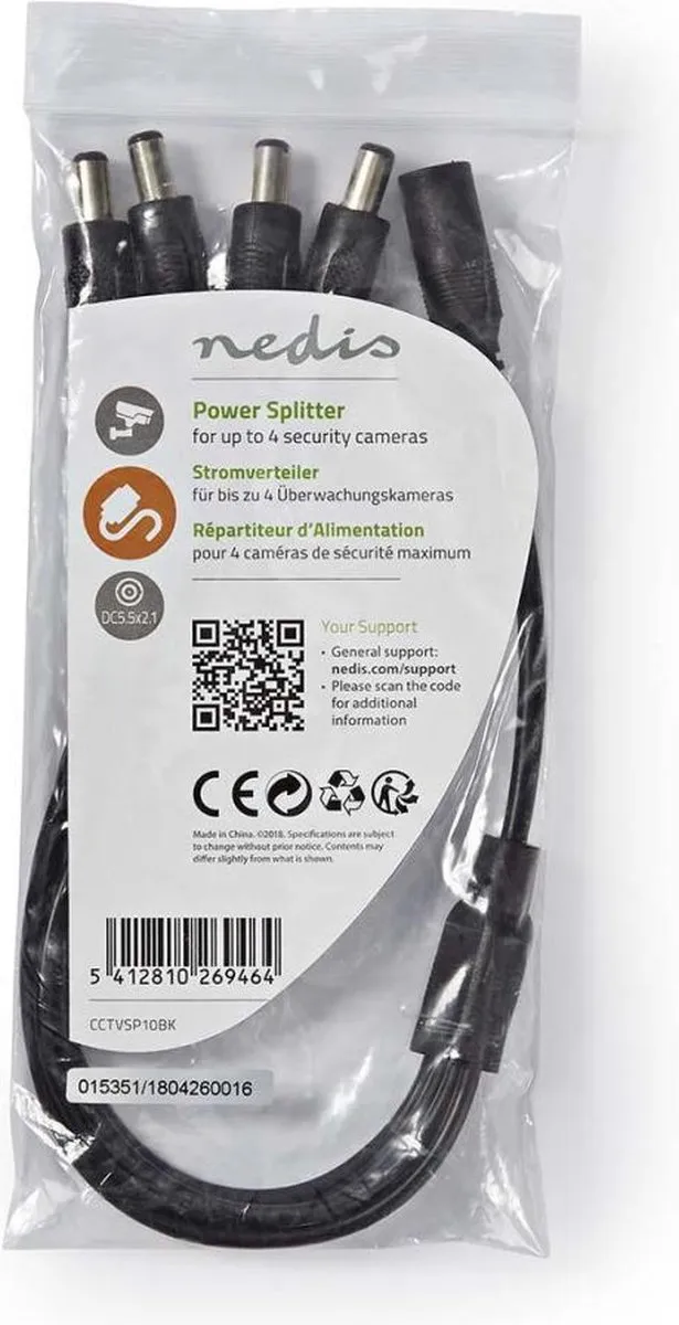 Nedis CCTVSP10BK Voedingskabelsplitter 1xF naar 4xM - 0,35m - Zwart - afbeelding 6 van 6