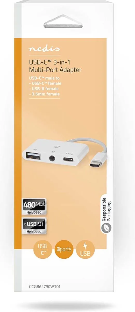 Nedis CCGB64790WT01 USB Multi-Port Adapter - 3 Poorten - 480 Mbps - Wit