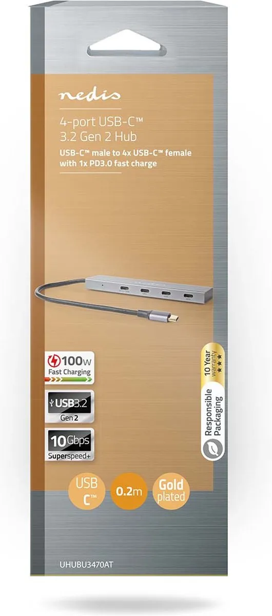 Nedis UHUBU3470AT USB-C Hub 4 Poorten 10Gbps - Antraciet
