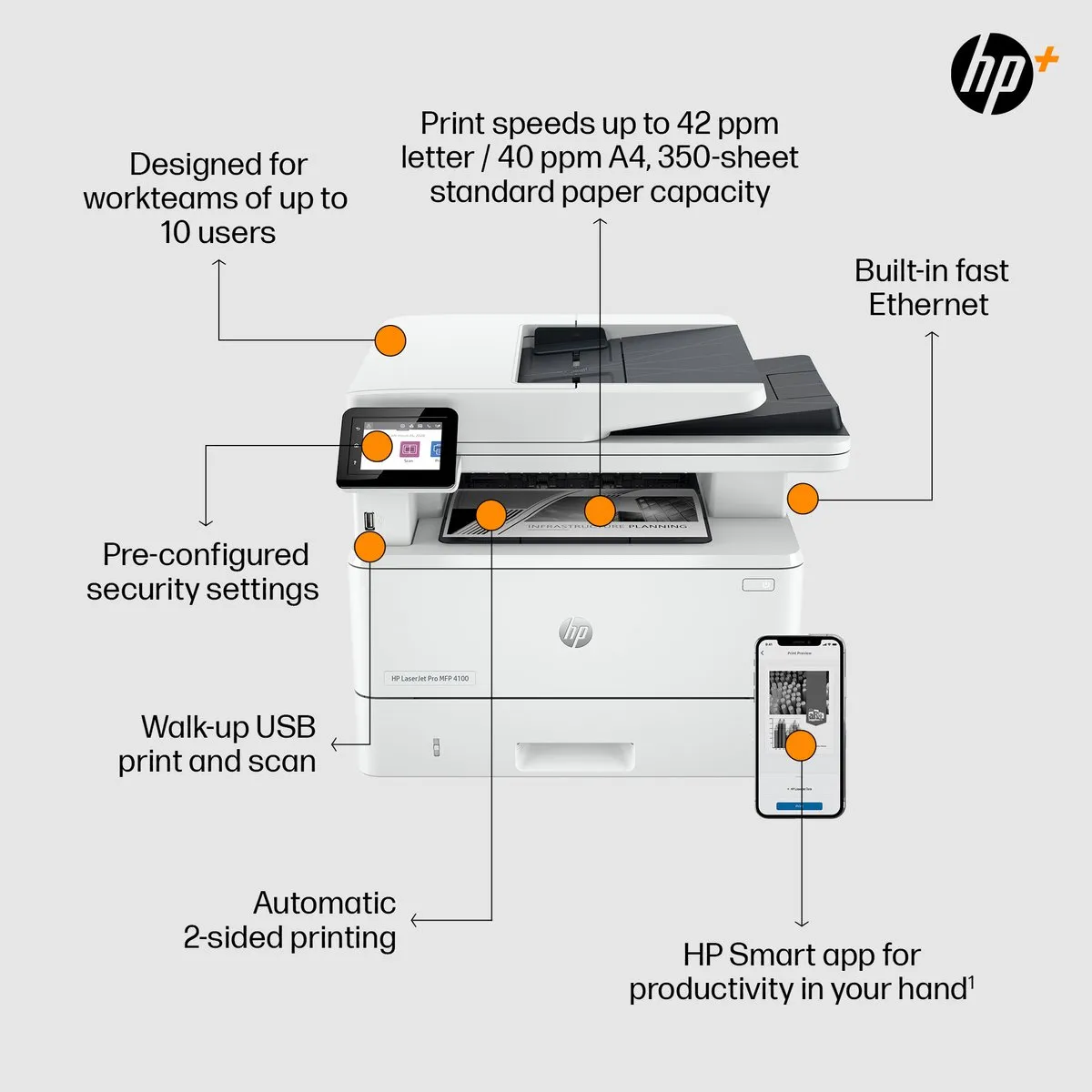 HP LaserJet Pro 4102fdn MFU - 350 Vel - Ethernet - Zwart-wit - afbeelding 5 van 6