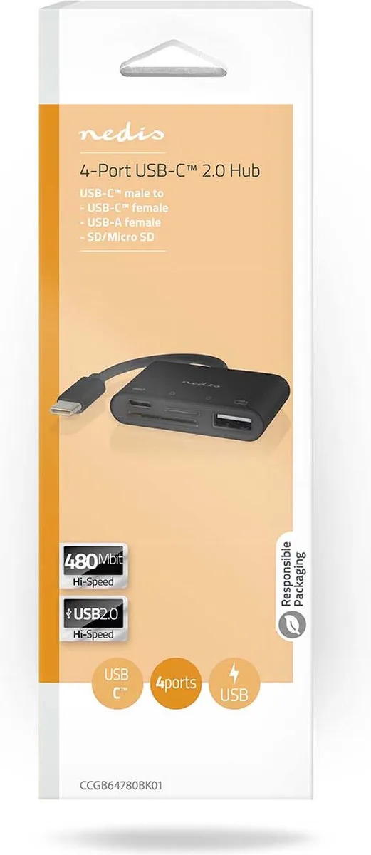 Nedis USB-Hub CCGB64780BK01 - 4 Poorten USB 2.0 - Zwart