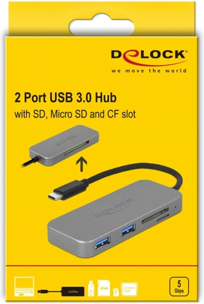 Delock USB 3.0 Hub 64064 - 2x Type-A + SD/MicroSD/CF - Grijs