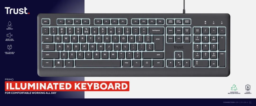 Trust Primo Qwerty 25732 Toetsenbord - LED-verlichting - Zwart - afbeelding 6 van 6