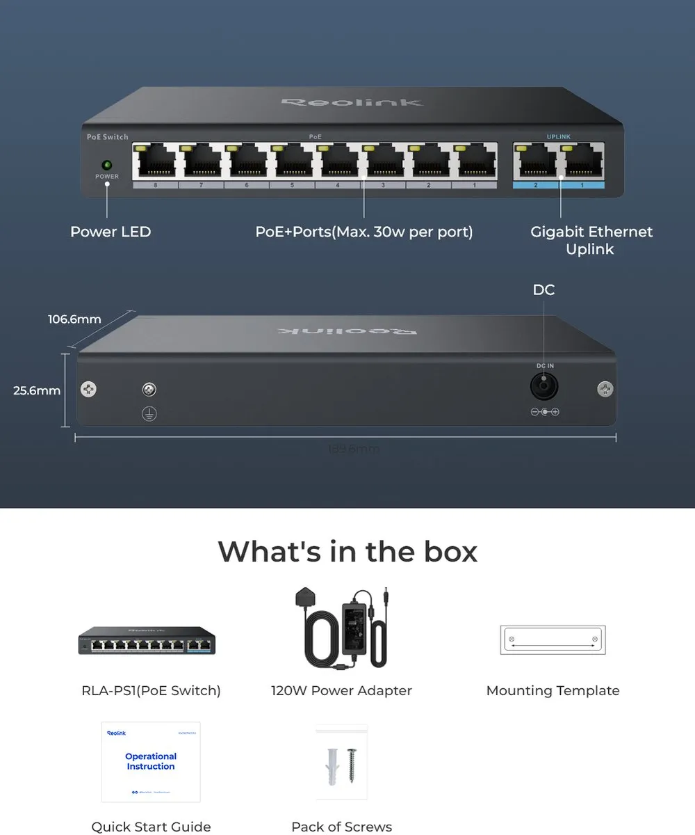 Reolink RLA-PS1 PoE Switch 8 PoE-poorten - Zwart