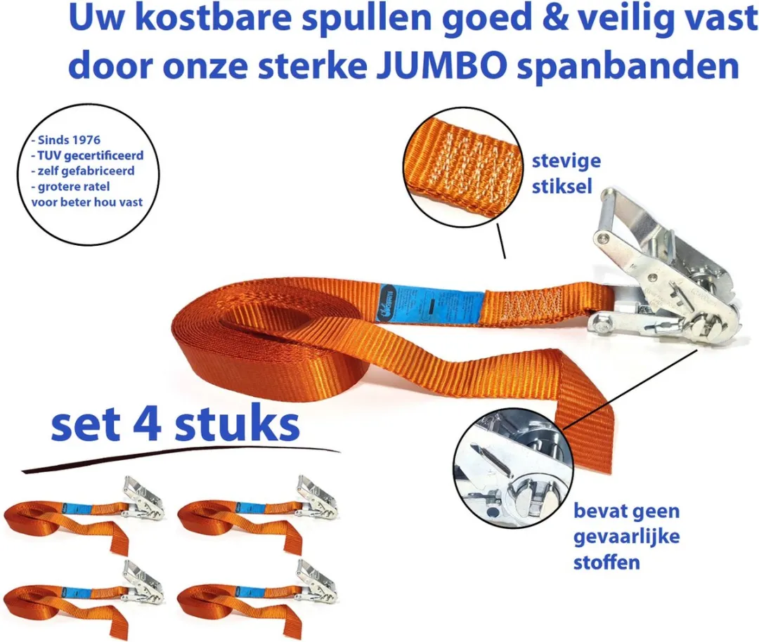 Jumbo Spanband met ratel 2000kg - 6m x 38mm - 4 Stuks - Oranje
