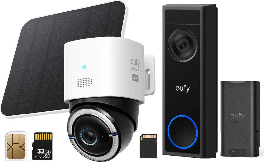 Eufy nieuw Videodeurbel C31 Incl. 32G SD-kaart | 2K FHD ( kan zowel bedraad als op accu ) + 4G LTE S330 Camera - met WiFi - 4K Pan&Tilt - Volkomen draadloos met zonnepaneel - AI Tracking en 4G verbinding met simkaart