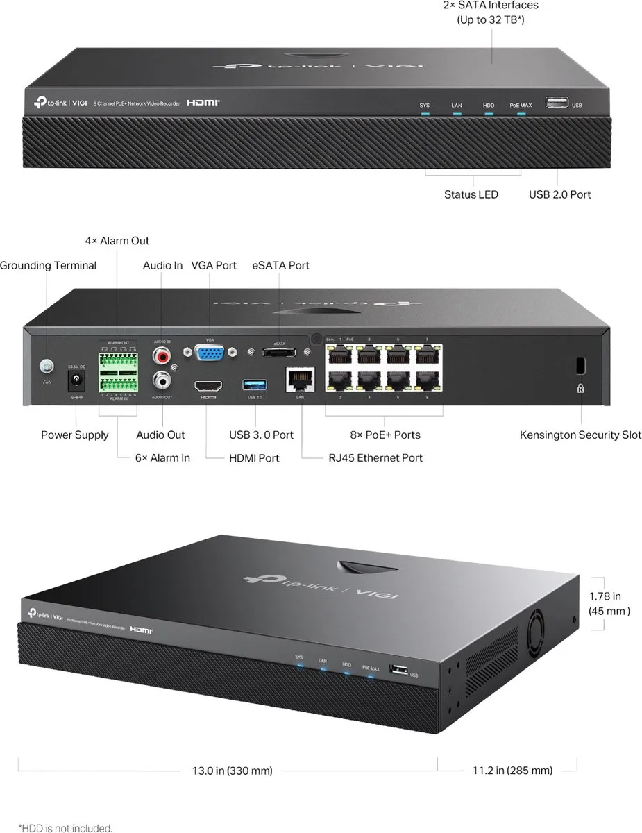 TP-Link VIGI NVR2008H-8MP NVR - 8 Kanalen - Zwart