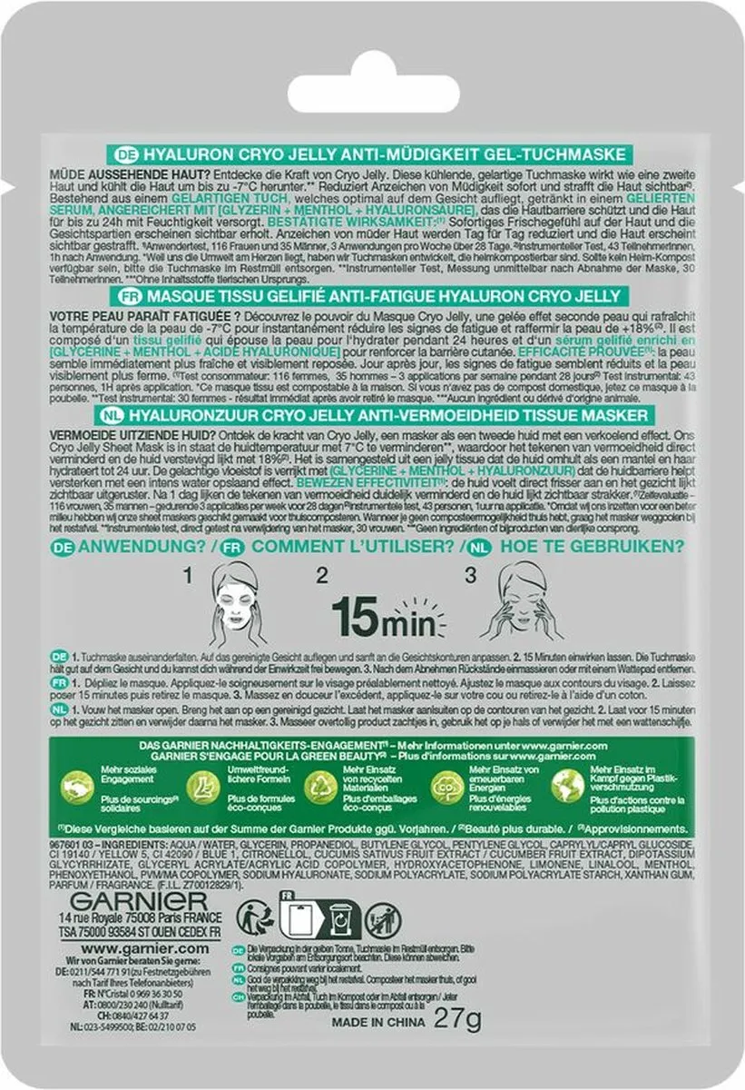 Garnier SkinActive Hyaluron Cryo Jelly Sheet Masker - 6 Stuks