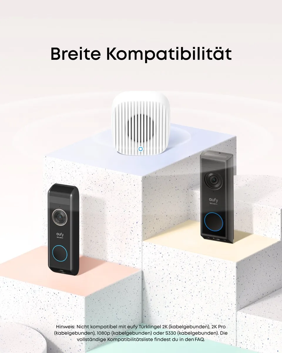 eufy Videodeurbel Chime 2, 10 Ingebouwde Beltonen, 2,4 GHz en 5 GHz Dual-band Wifi, Makkelijk te Installeren, Automatisch Koppelen via Bluetooth, Volume Instelbaar tot 80 dB