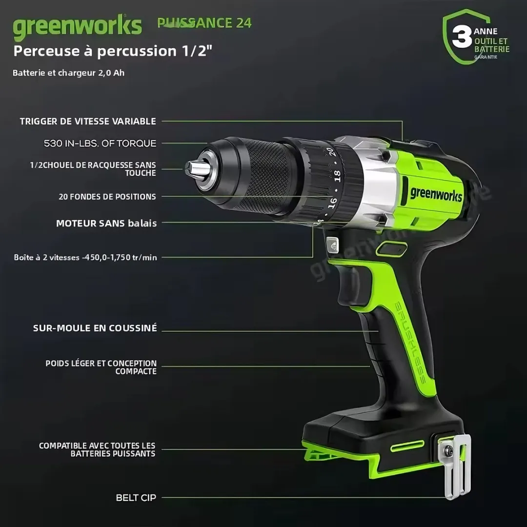 Greenworks Accuboormachine DDG402 24V - 60 Nm - 2x 4Ah - Incl. lader