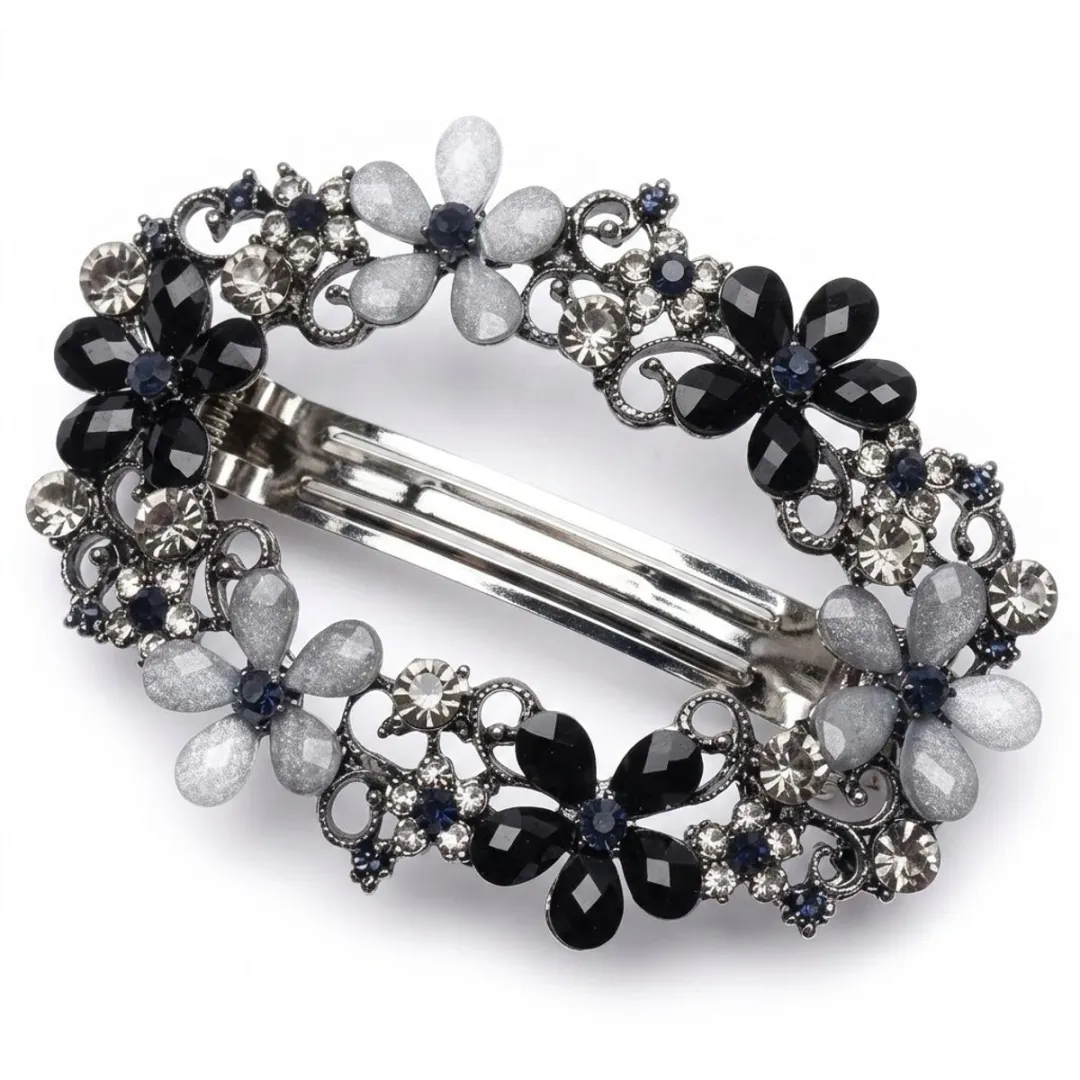 NuveX Bloemvormige Haarclip Zwart/Zilver - Ovale Speld